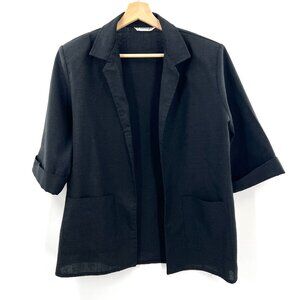 Vintage CE Concepts black linen open front short sleeve blazer natural jacket L